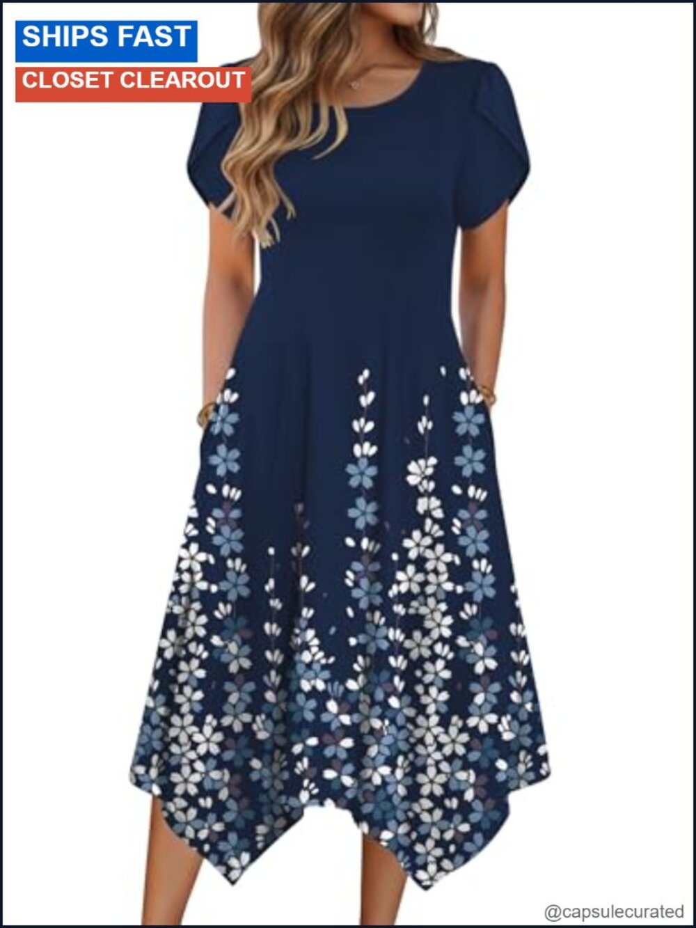 Women's Petal Sleeve Floral Midi Sundress with Pockets